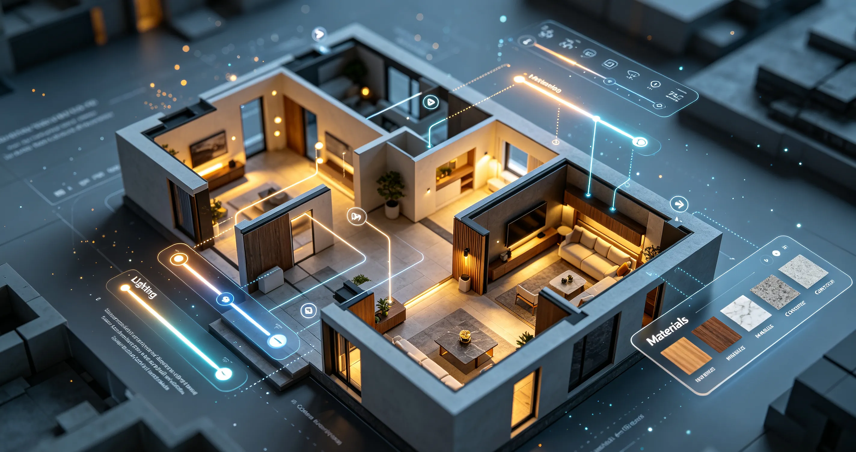 A 3D floor plan surrounded by rendering, lighting, and material controls
